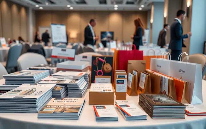 会议物料展示：手册、姓名牌、礼品袋