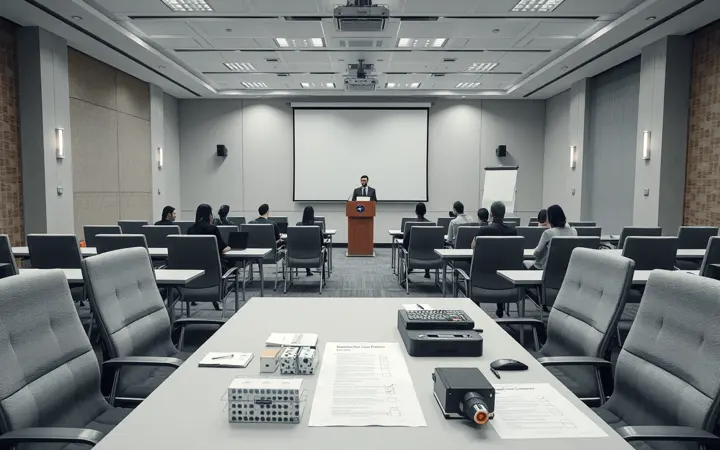 培训会议室布置全景，含投影屏幕和座位