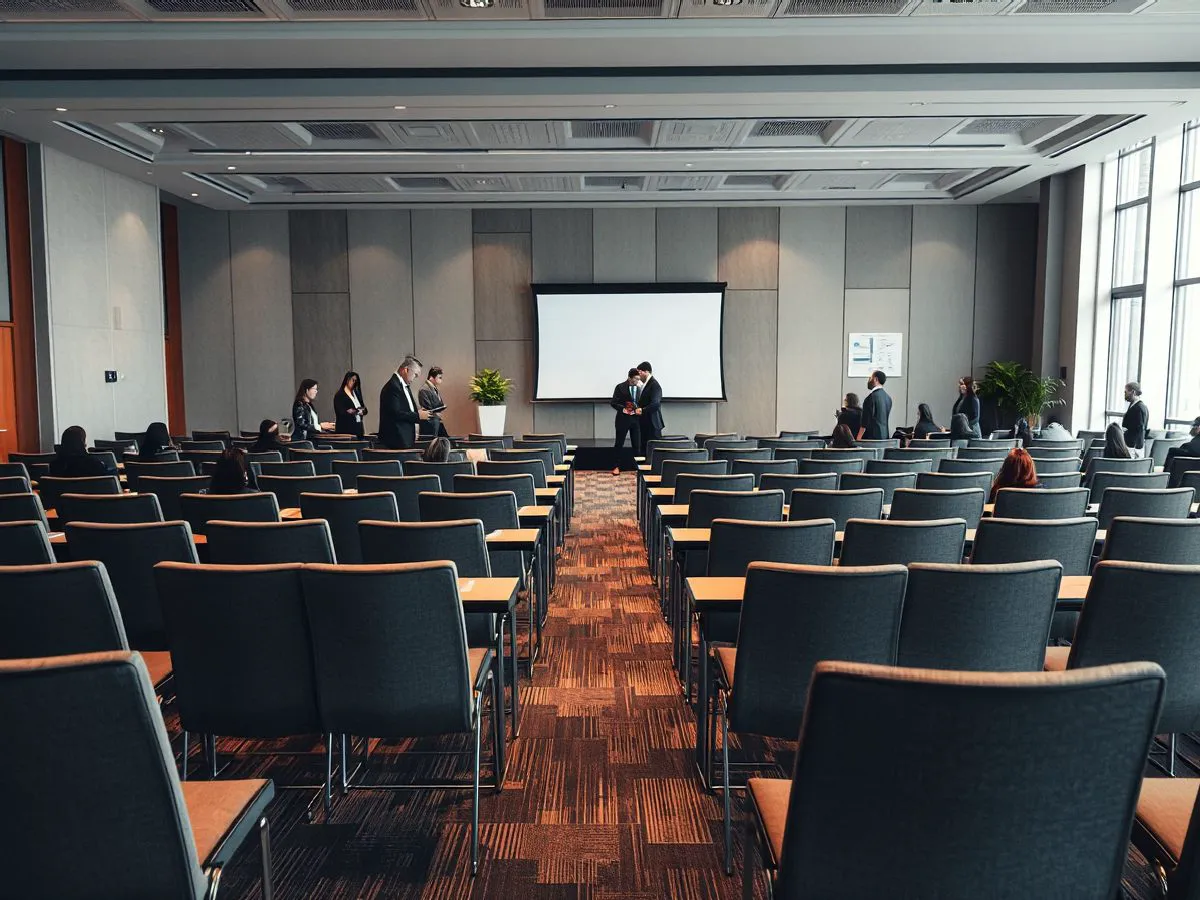 医疗企业合作伙伴大会现场，整齐的会议桌椅和工作人员准备材料