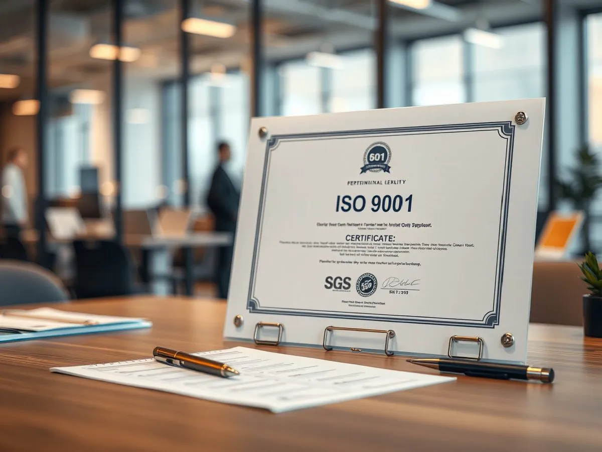 ISO 9001质量管理体系认证证书与质量检查清单在办公桌上
